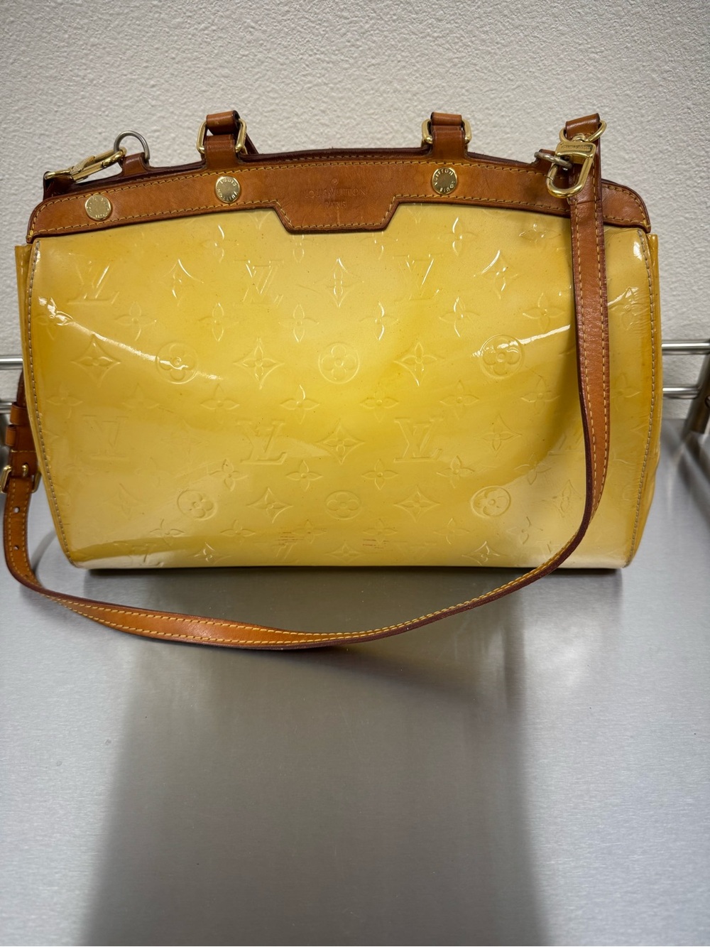 Louis Vuitton Yellow Patent Vernis Monogram Shoulder Bag with Tan Trim and COA